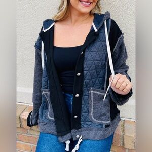 POL Women's Quilted Raw Edge Waffle Hoodie Jacket